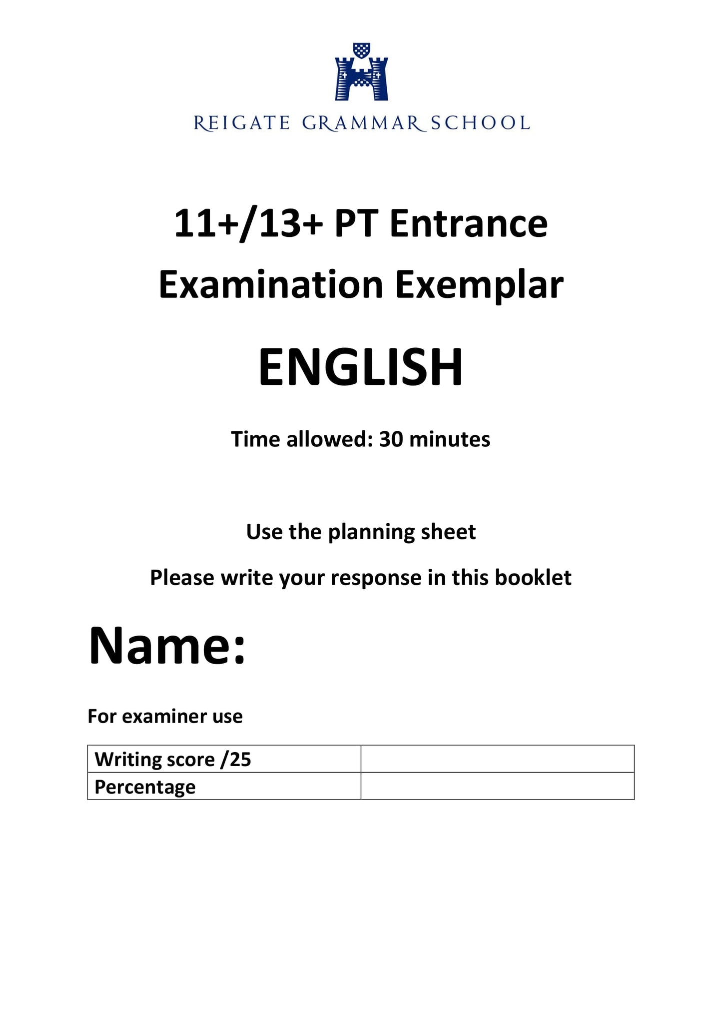 Reigate Grammar School: 11+ English  [Version: 2021]