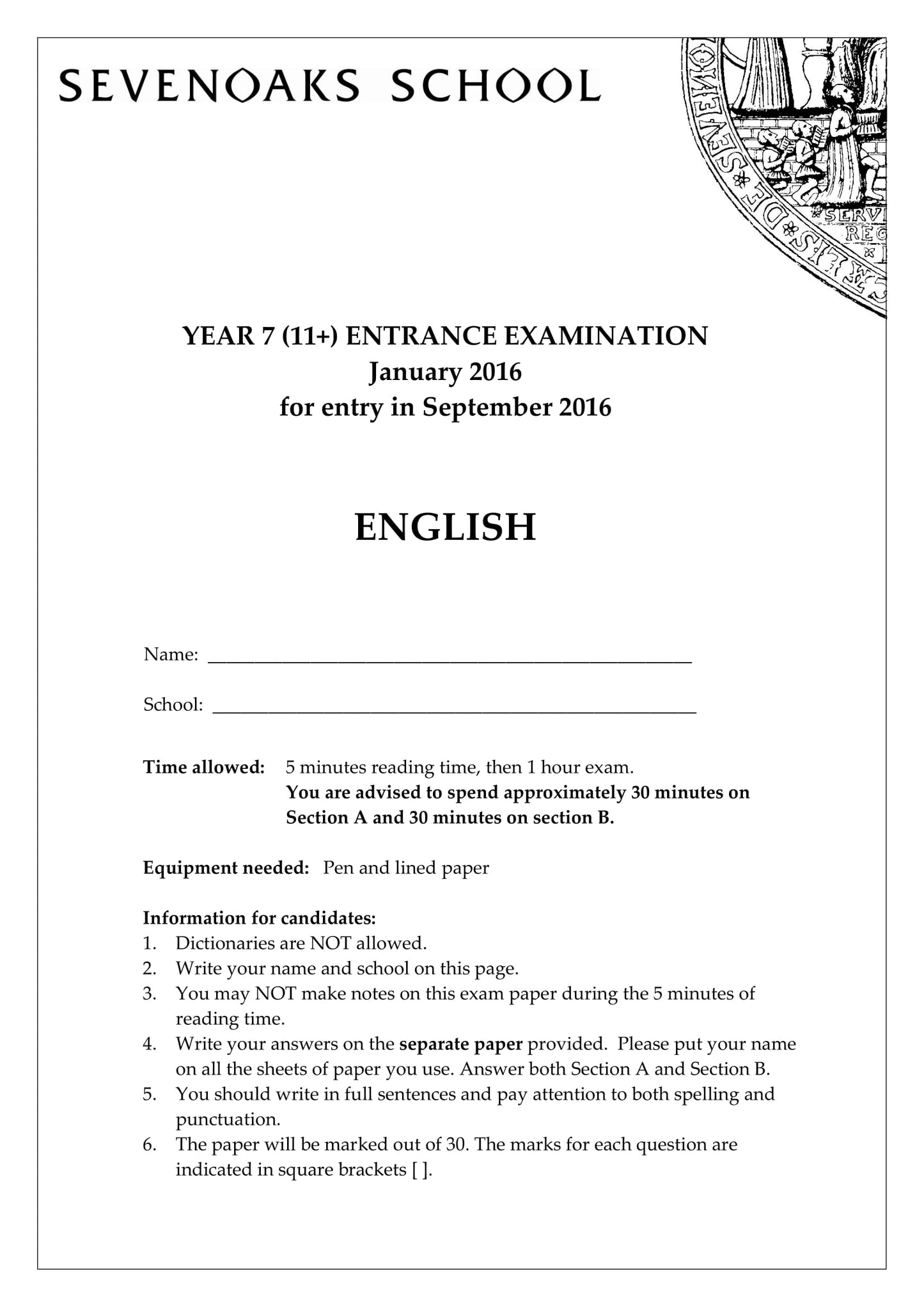 Sevenoaks School: 11+ English (2016)