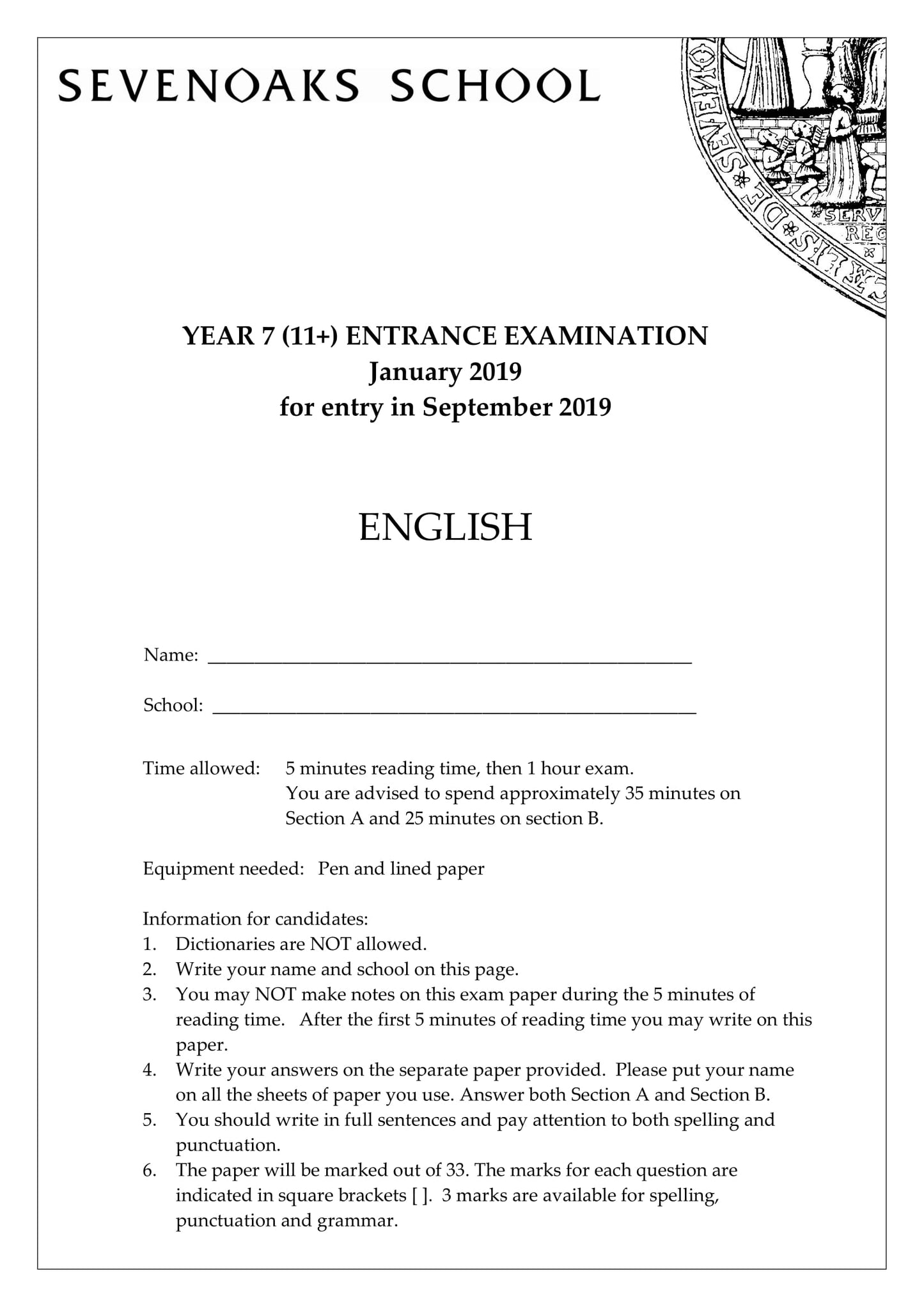 Sevenoaks School: 11+ English (2019)