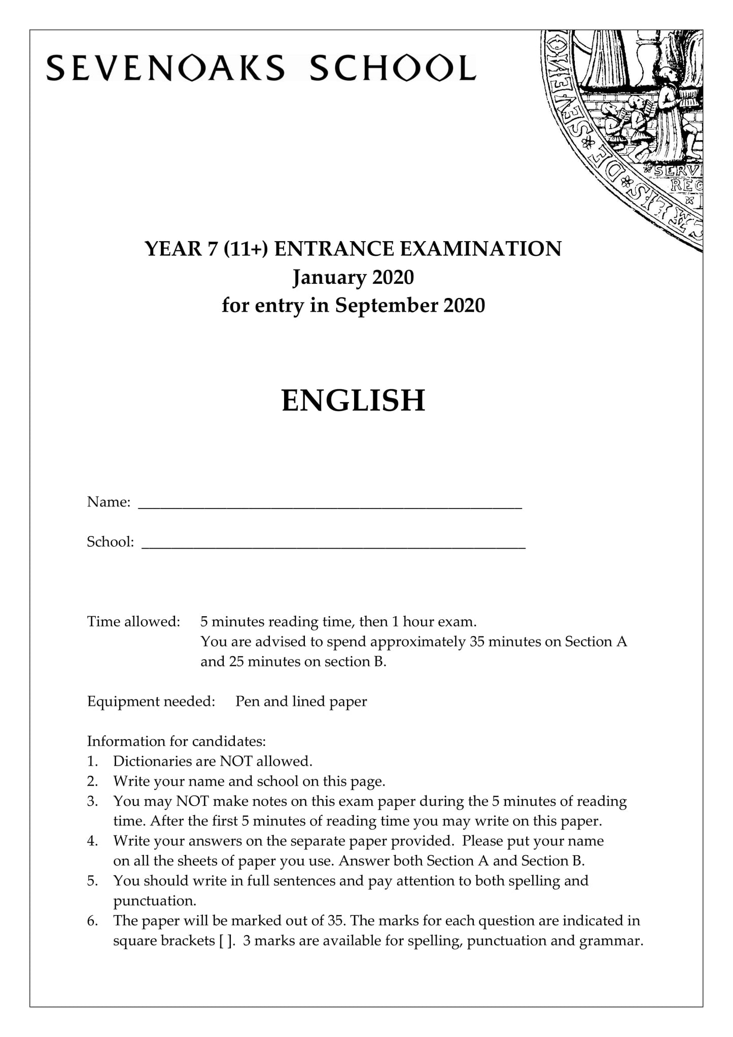 Sevenoaks School: 11+ English (2020)