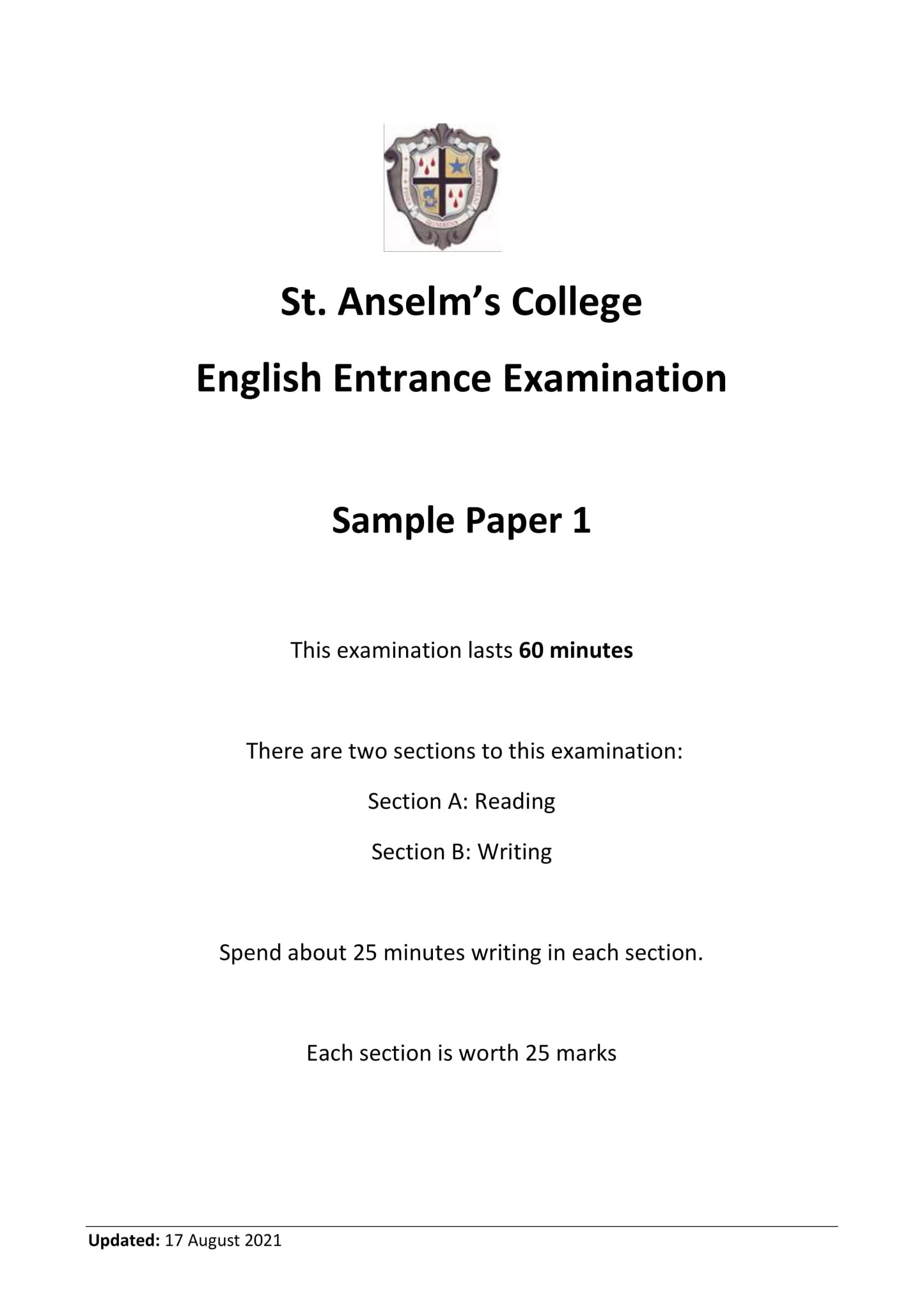 St. Anselm's College: 11+ English [Sample] [Version: 2]