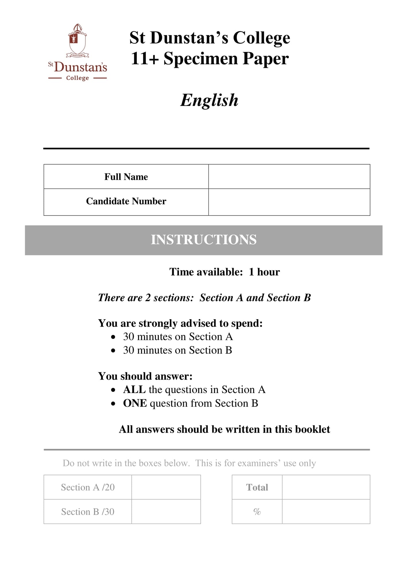 St Dunstan's College: 11+ English  [Version: 1]