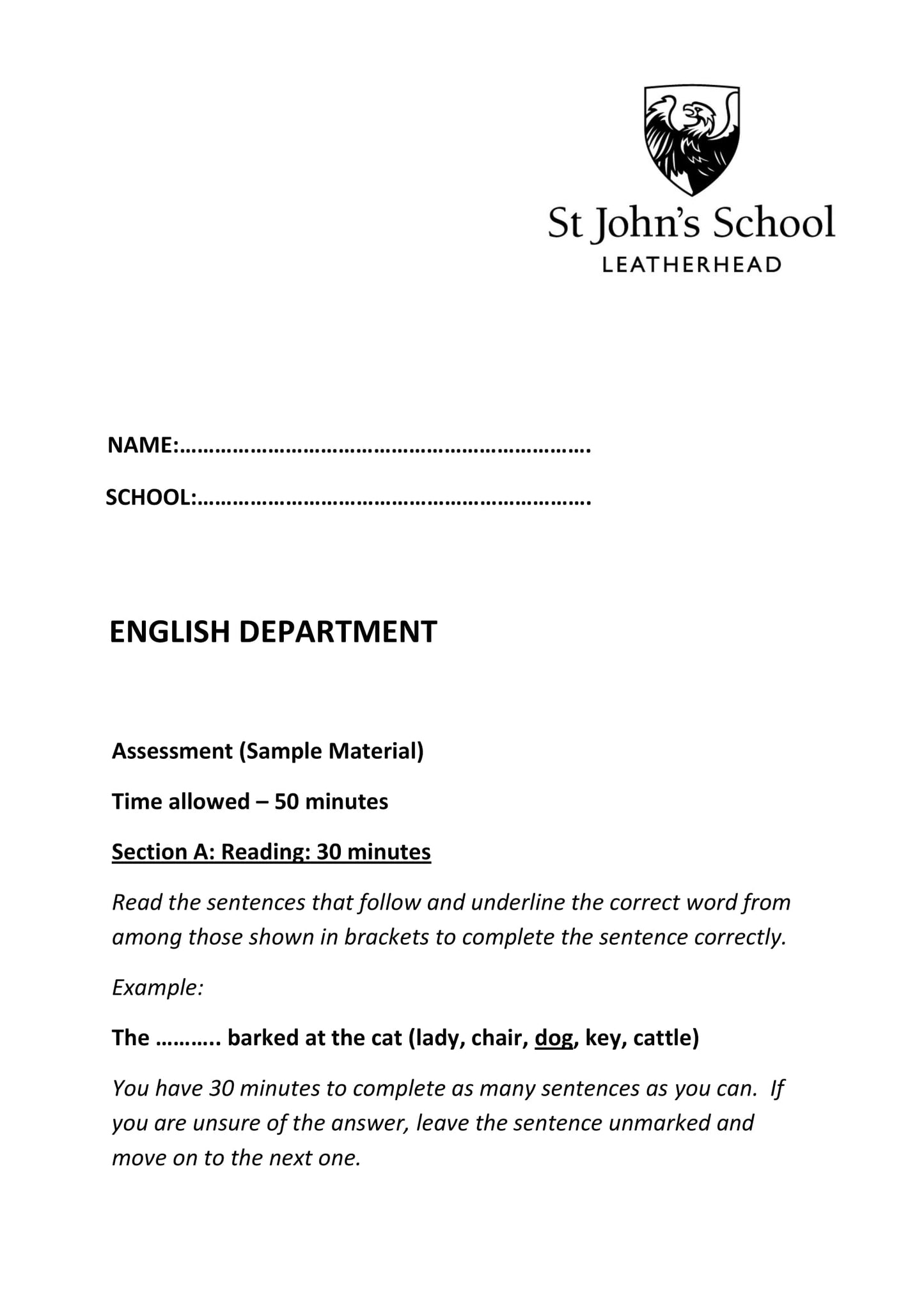 St John's School Leatherhead: 11+ English  [Version: 1]