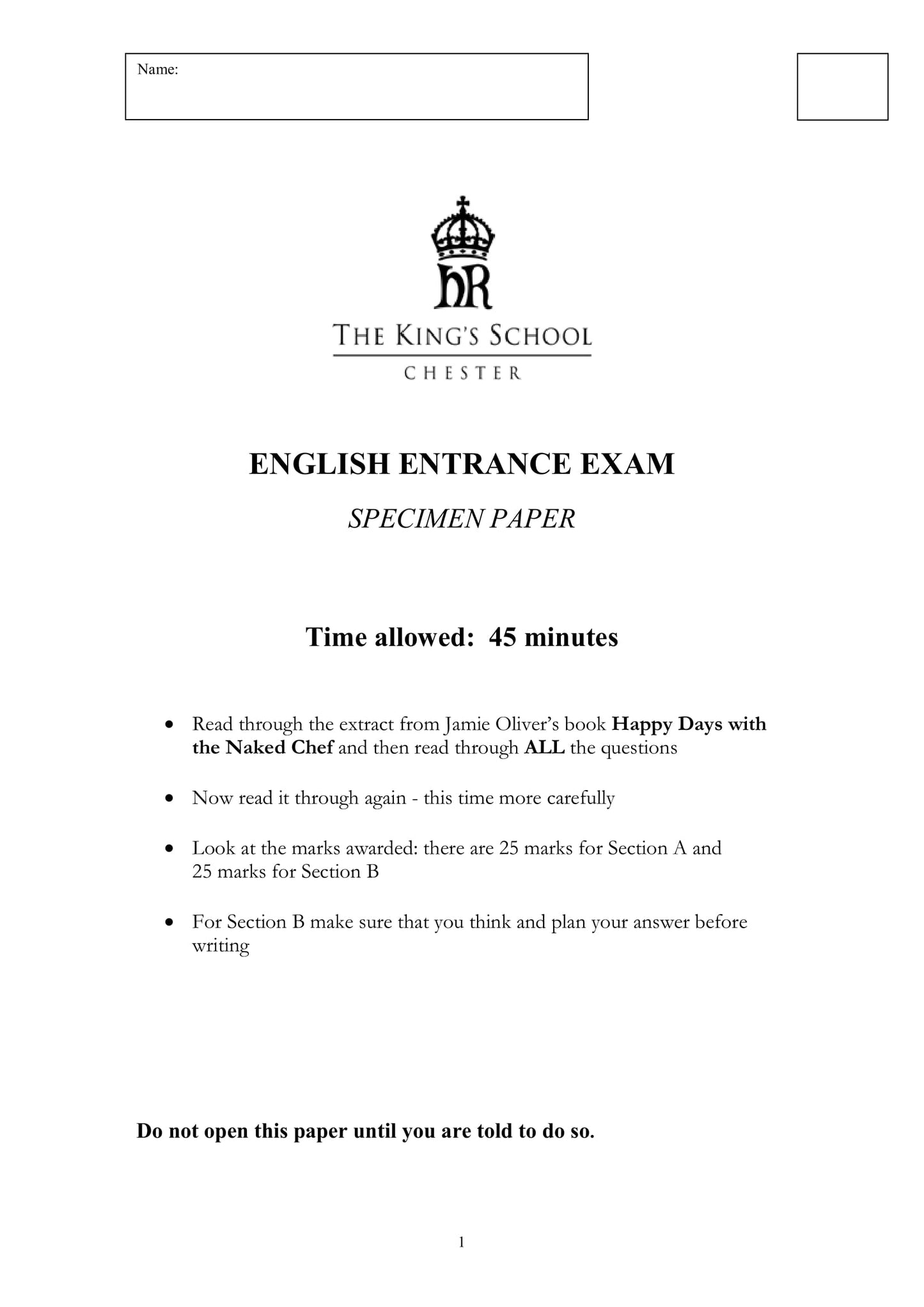 The King's School Chester: 11+ English  [Version: 1]