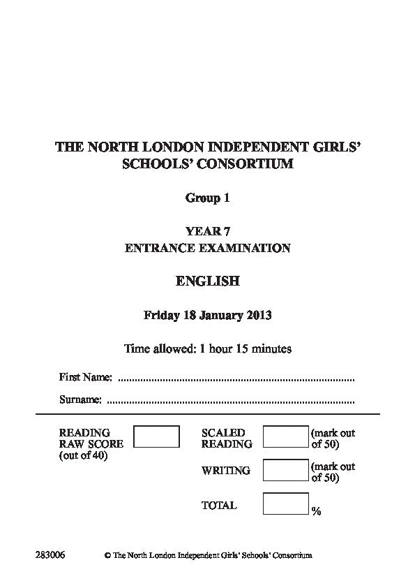 Northwood College for Girls: 11+ English (2013) [Version: Group 1]