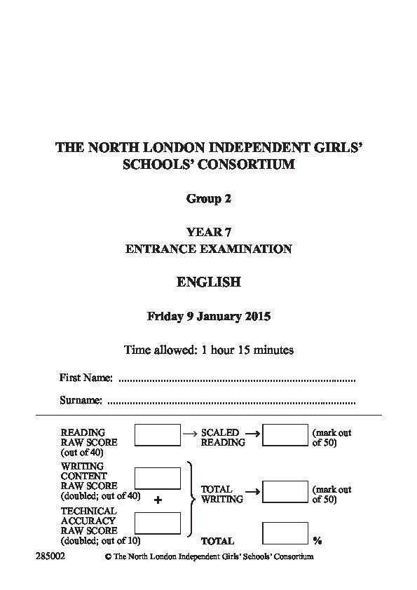 Channing School: 11+ English (2015) [Version: Group 2]