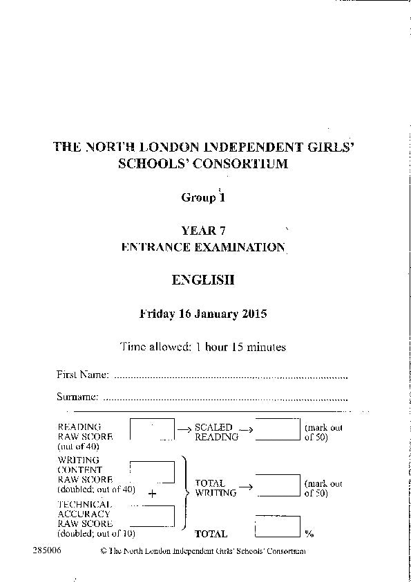 Queen’s College School: 11+ English (2015) [Version: Group 1]