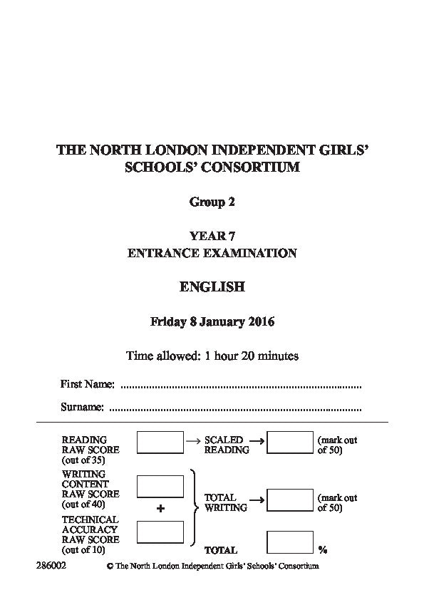 Northwood College for Girls: 11+ English (2016) [Version: Group 2]