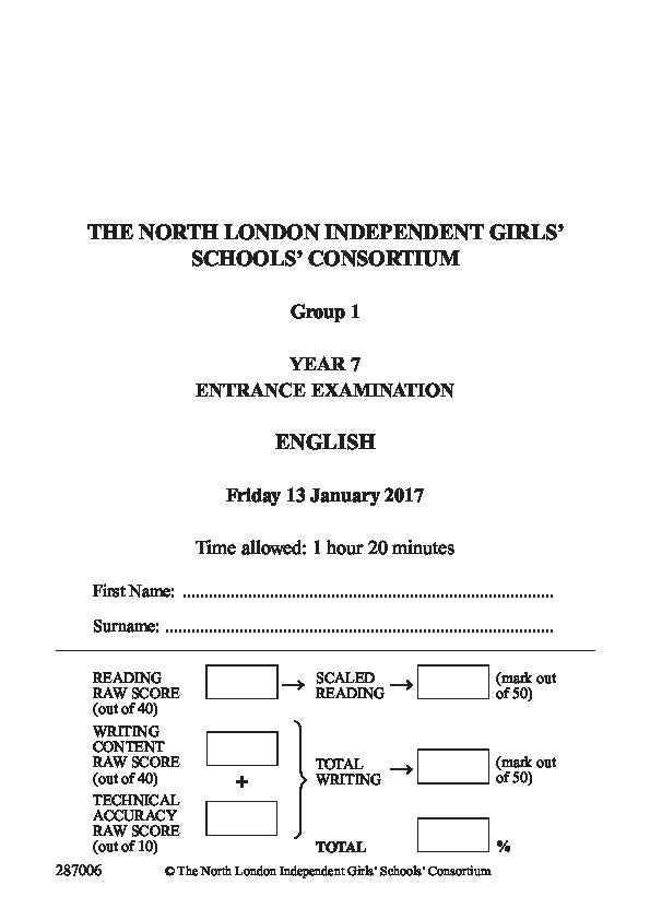 Channing School: 11+ English (2017) [Version: Group 1]