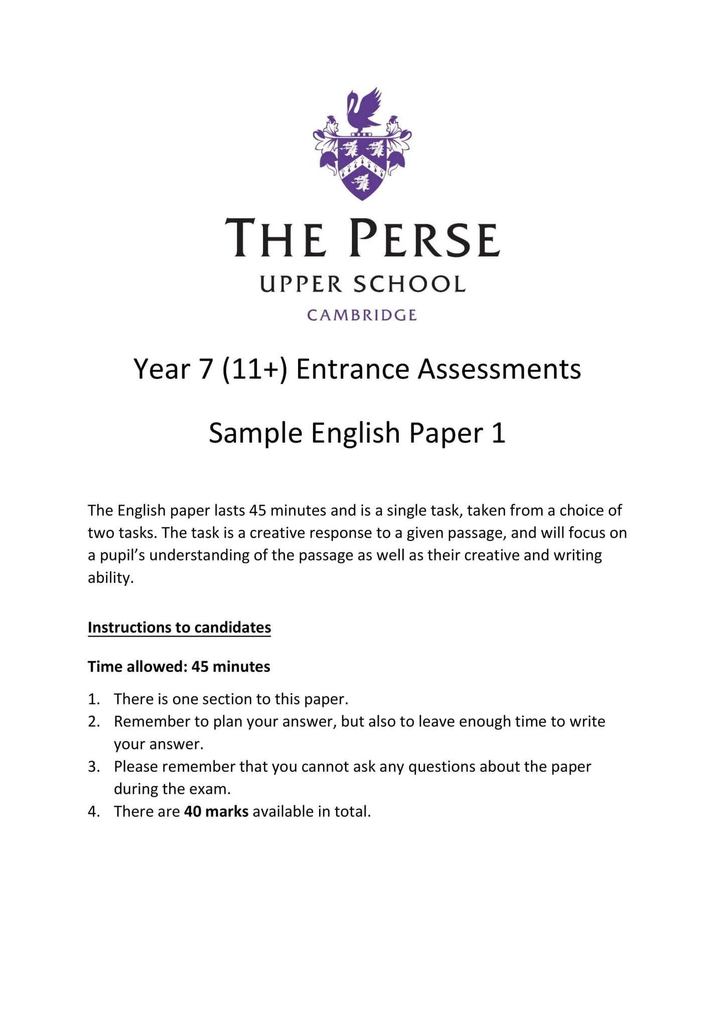 The Perse Upper School: 11+ English  [Version: 1]