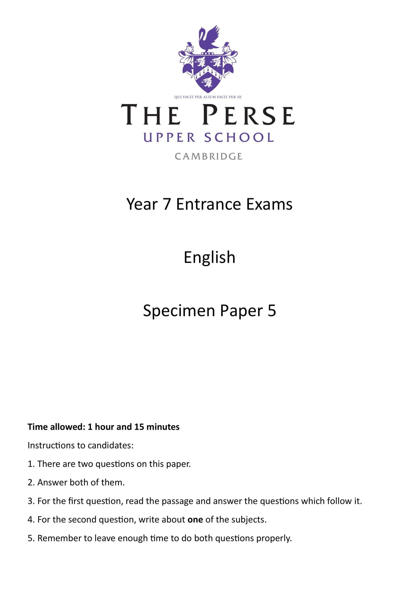 The Perse Upper School: 11+ English  [Version: 5]