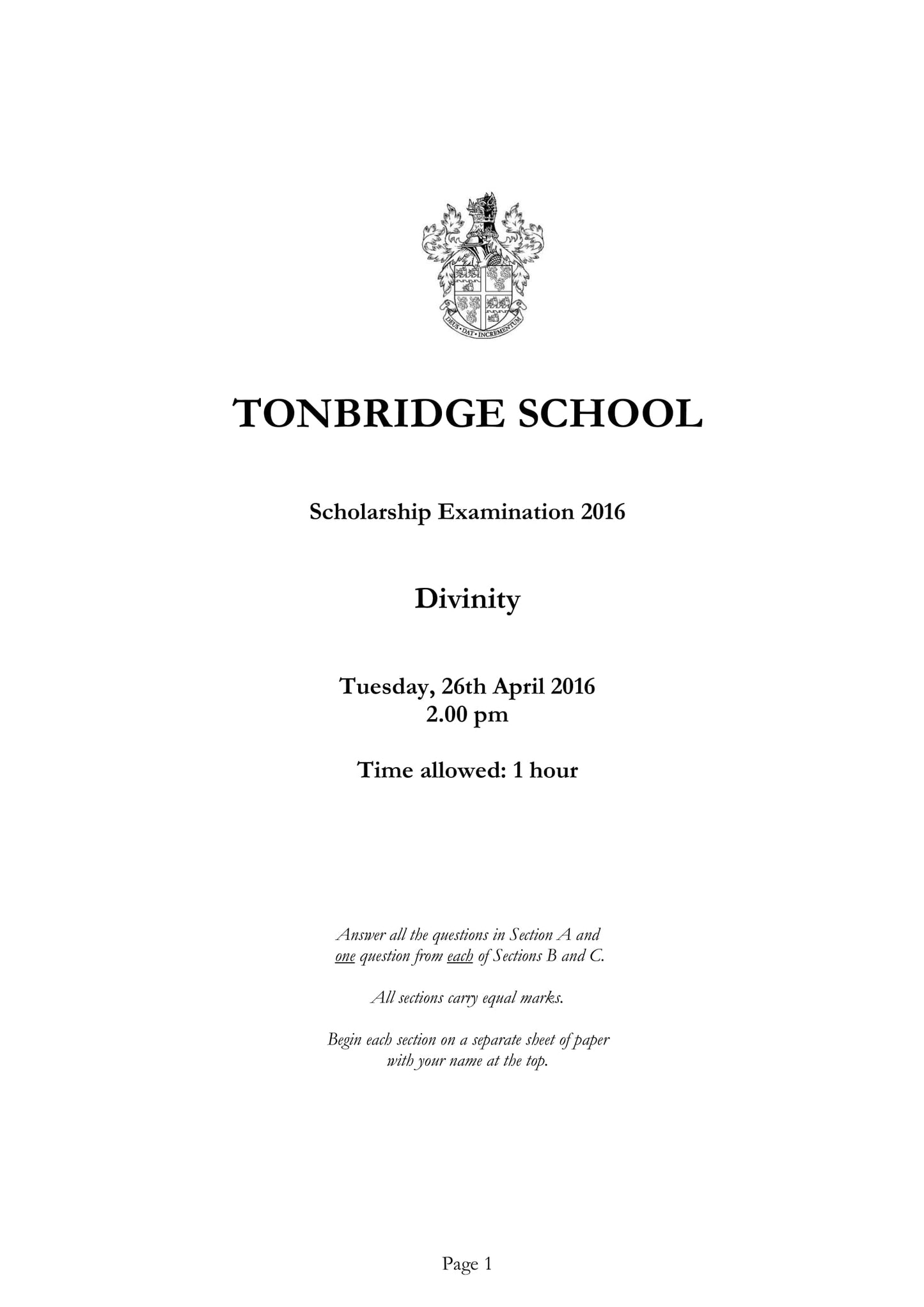 Tonbridge School: 11+ Divinity (2016)