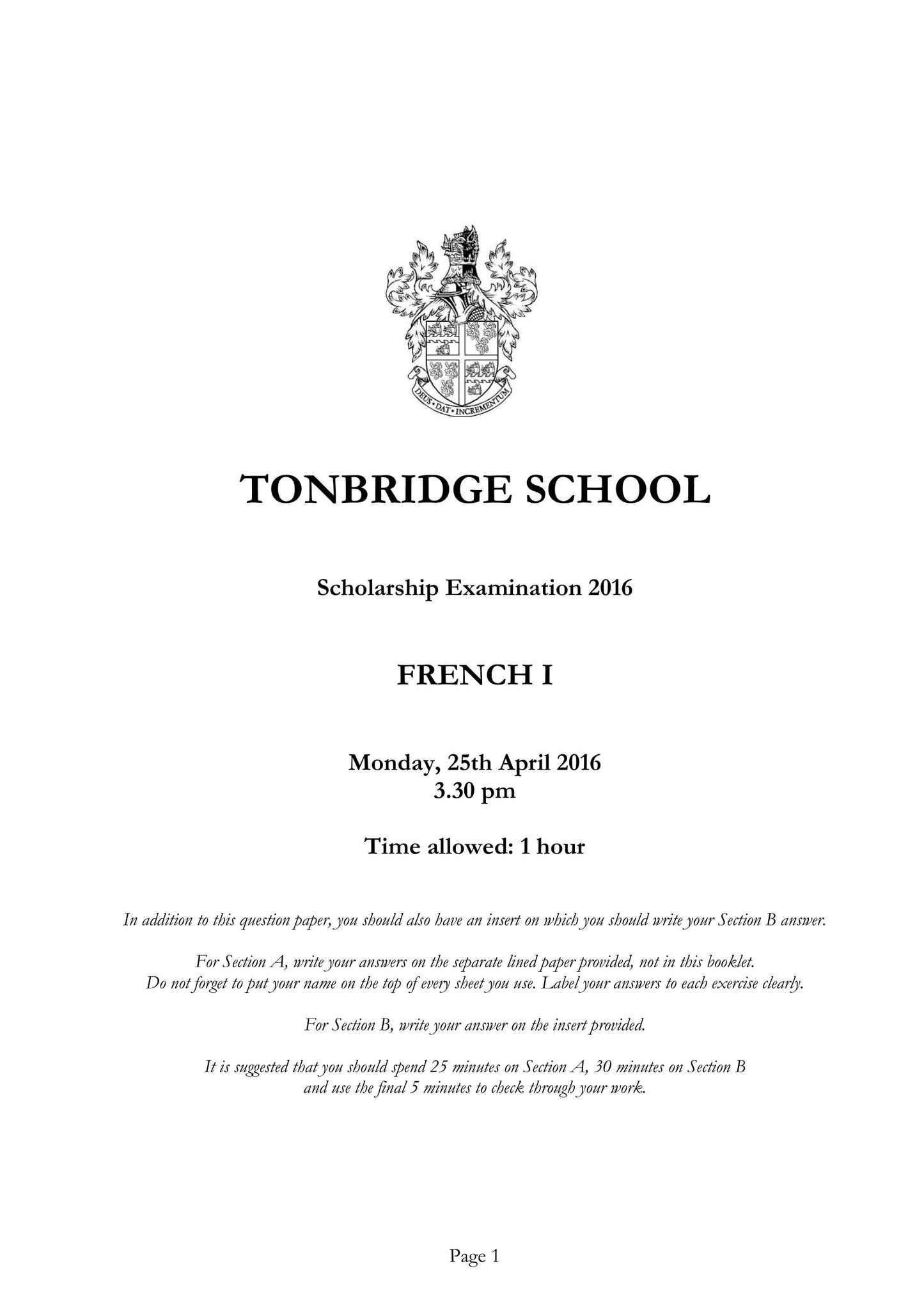 Tonbridge School: 11+ French (2016)