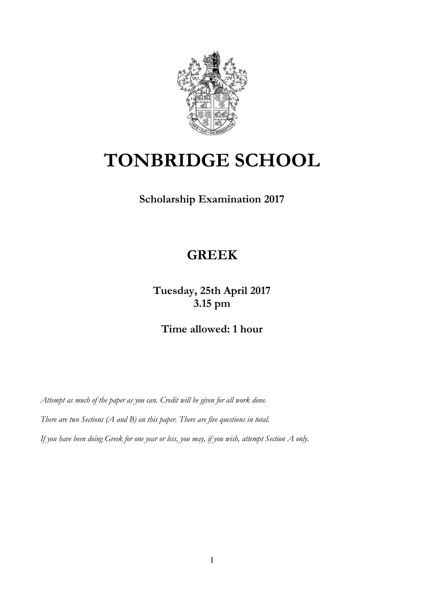 Tonbridge School: 11+ Greek (2017)