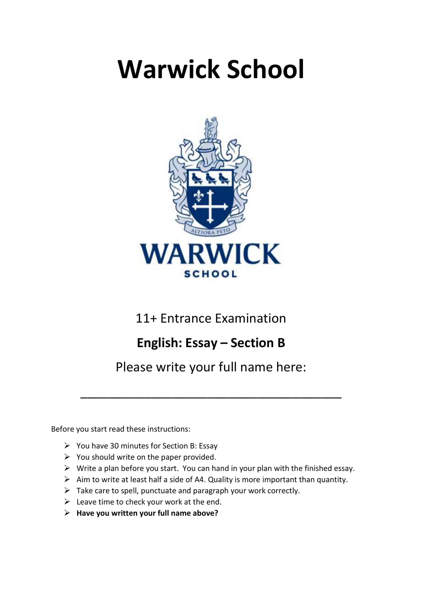 Warwick School: 11+ English (2019) [Version: 1]