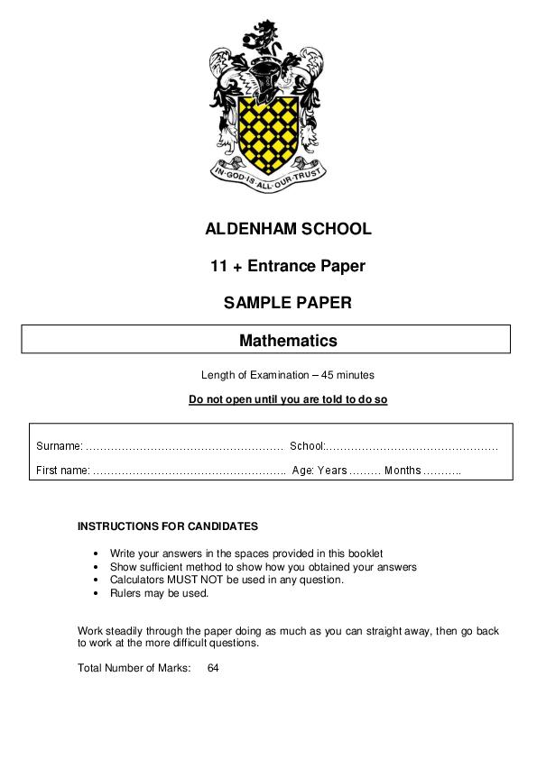 Aldenham School: 11+ Maths  [Version: 2] [2]