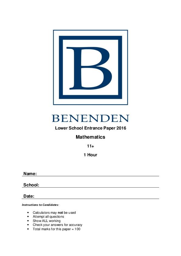 Benenden School: 11+ Maths (2016) [12]
