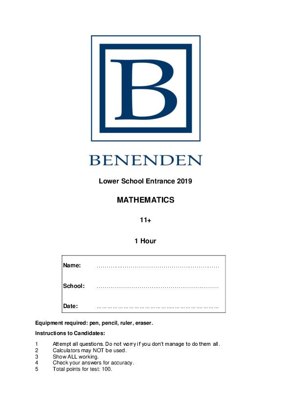Benenden School: 11+ Maths (2019) [14]