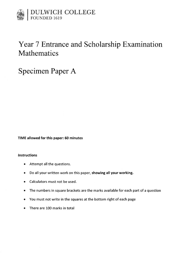 Dulwich College: 11+ Maths  [Version: 1]  [52]
