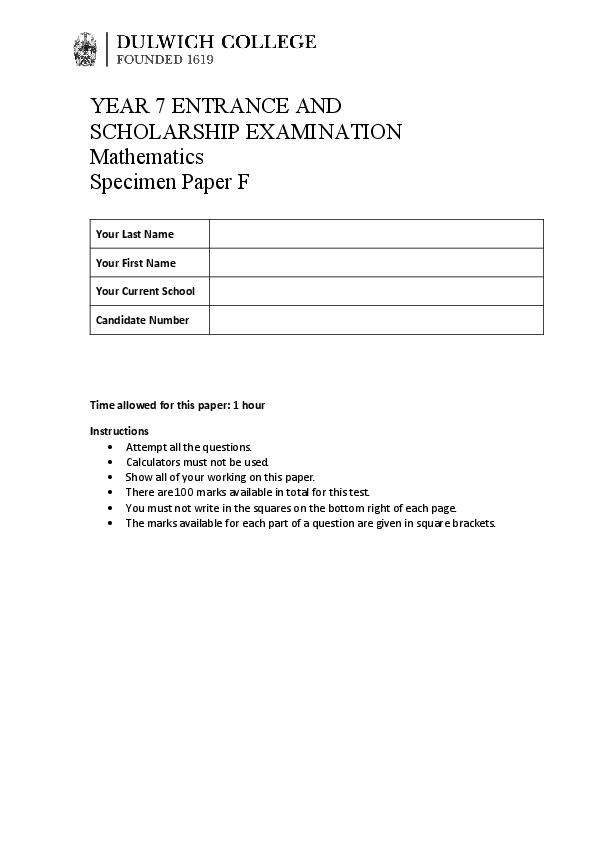 Dulwich College: 11+ Maths  [Version: 6]  [57]