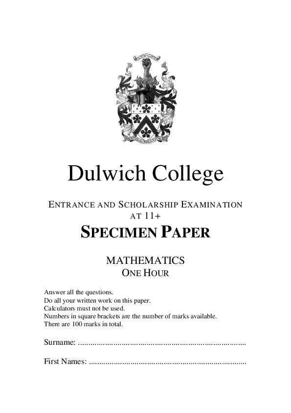 Dulwich College: 11+ Maths  [Version: 7]  [58]