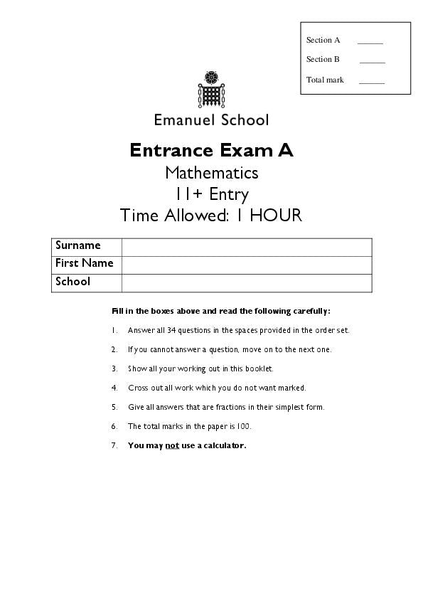 Emanuel School: 11+ Maths  [Version: 1]  [59]