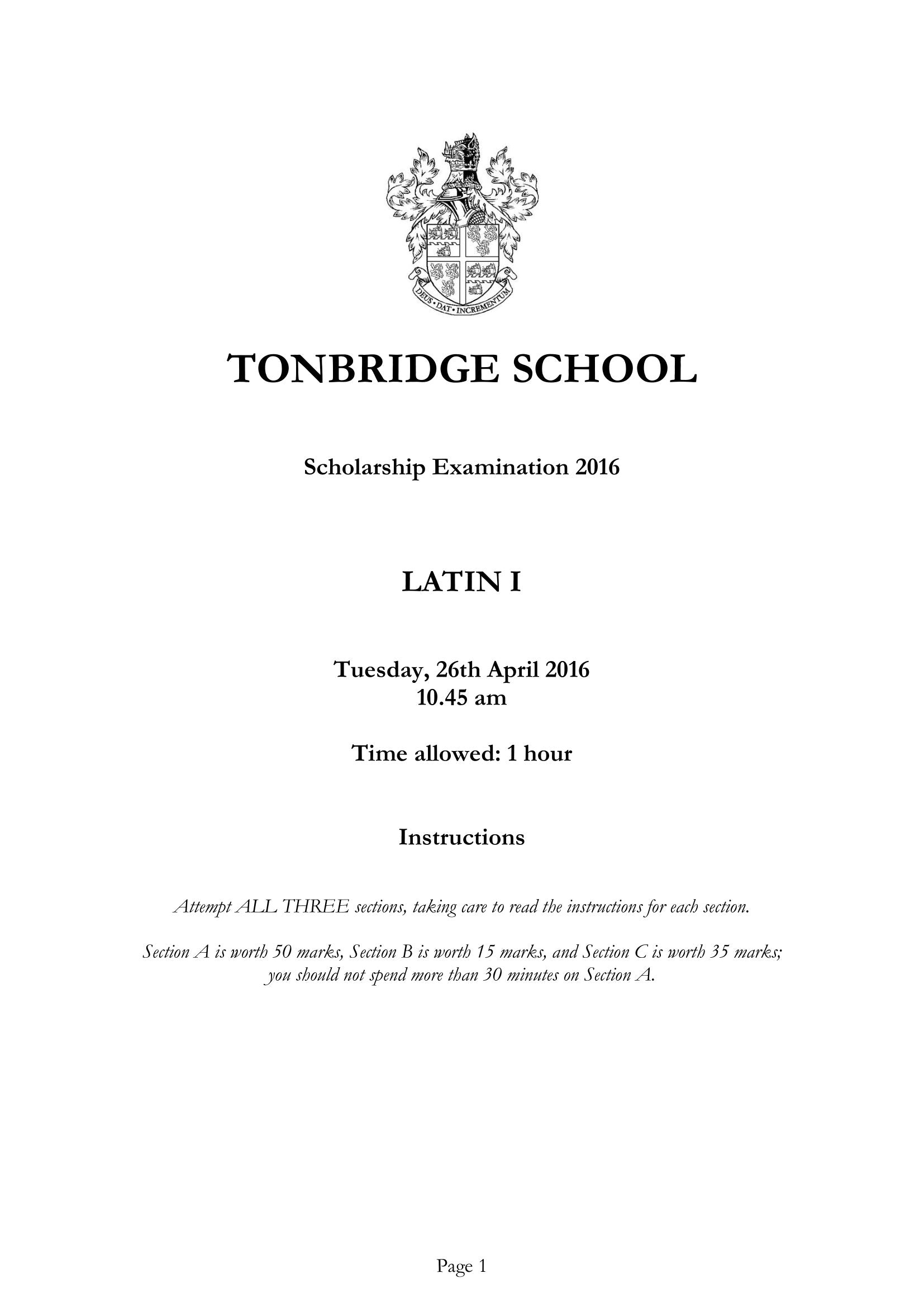 Tonbridge School: 11+ Latin (2016) [Version: 1]
