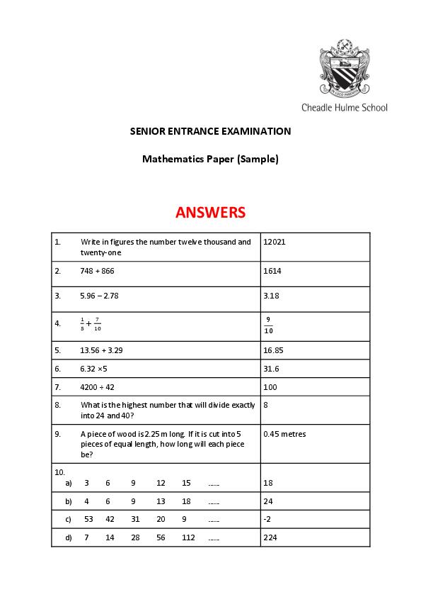 Cheadle Hulme School: 11+ Maths Marking Scheme [139]