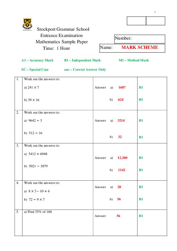 Stockport Grammar School: 11+ Marking Scheme Maths (2017) [144]