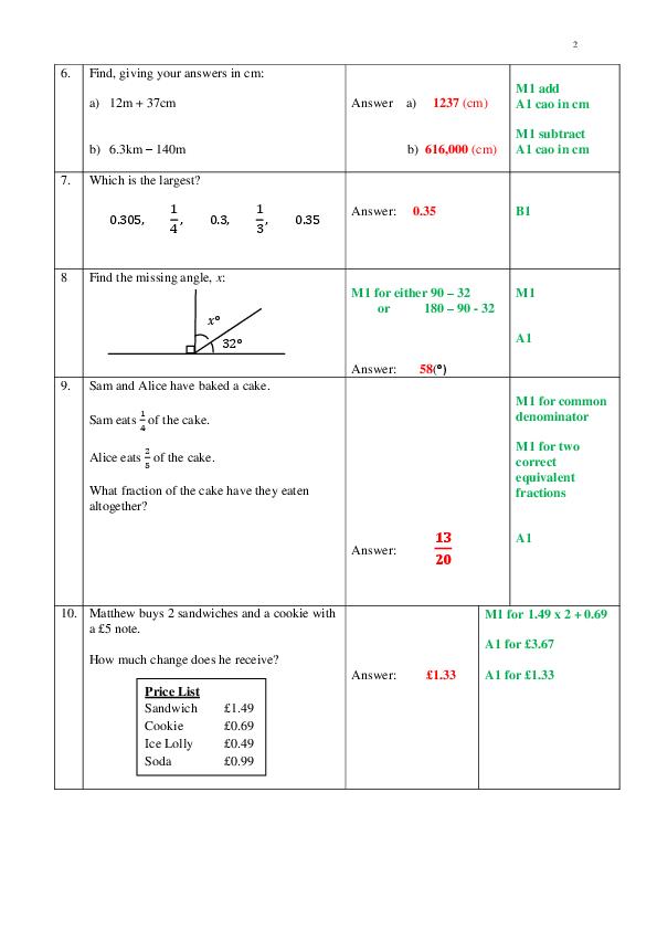 Stockport Grammar School: 11+ Marking Scheme Maths (2017) [144]