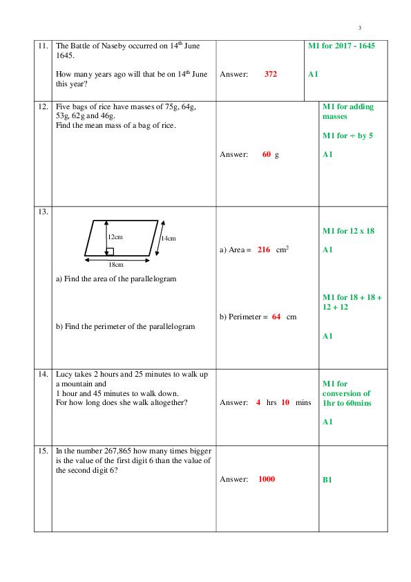 Stockport Grammar School: 11+ Marking Scheme Maths (2017) [144]