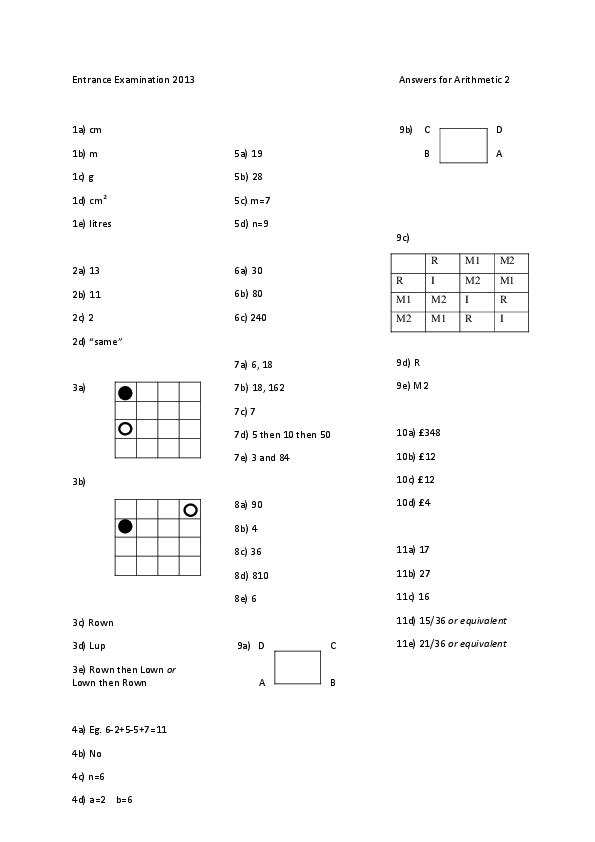 The Manchester Grammar School: 11+ Maths Answer Sheet (2013) [249]