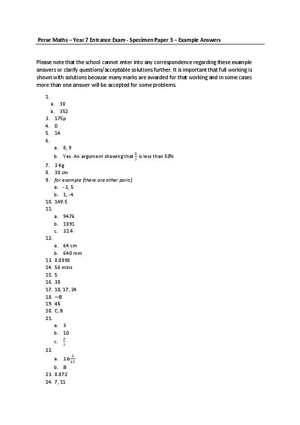 The Perse Upper School Cambridge: 11+ Maths Answer Sheet [296]
