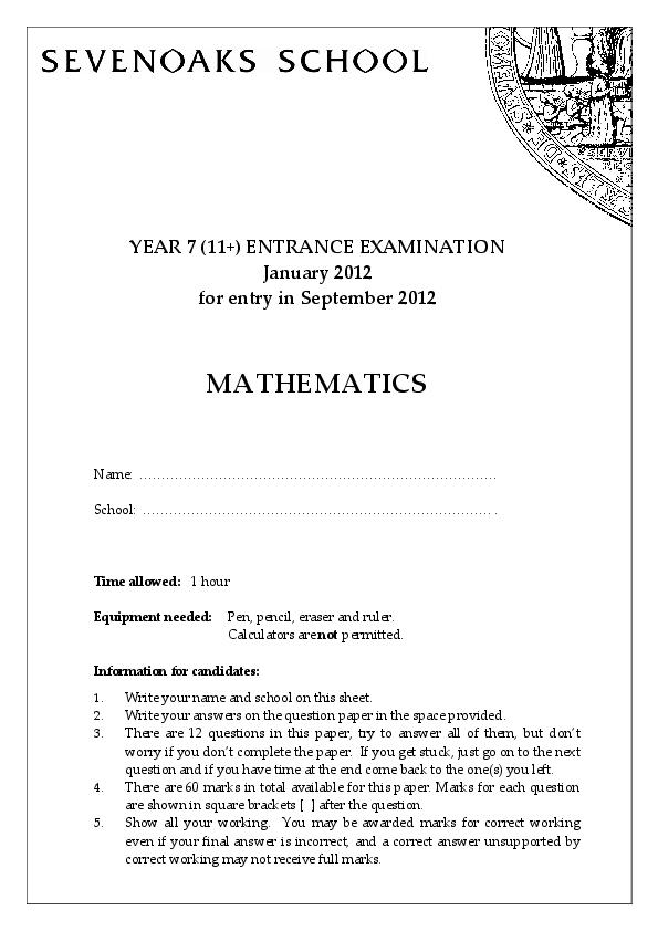 Sevenoaks: 11+ Maths (2012) [321]