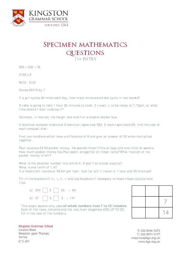 Kingston Grammar School: 11+ Maths [362]