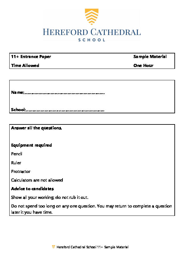 Hereford Cathedral School: 11+ Maths  [Version: 1]
