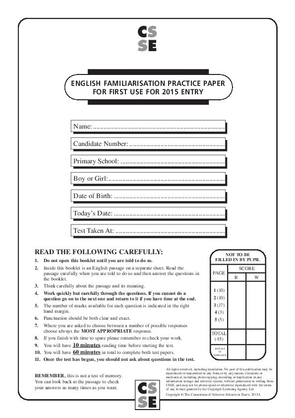 Westcliff High School for Boys: 11+ English  [Version: 1]