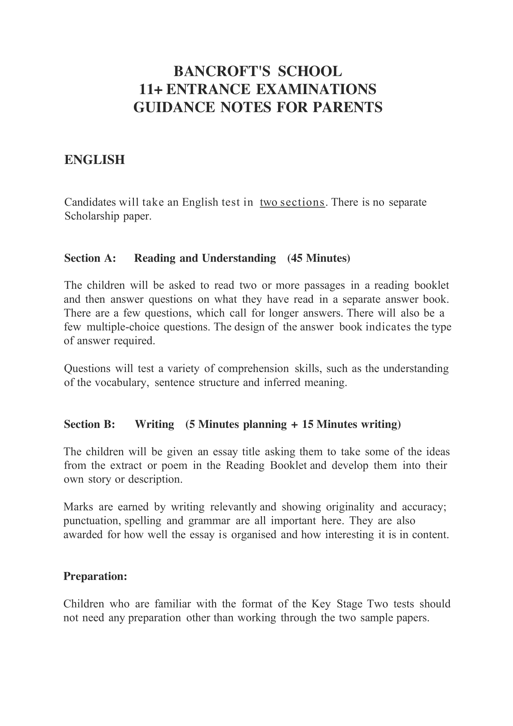 Bancroft's School: 11+ English  [Version: 2]