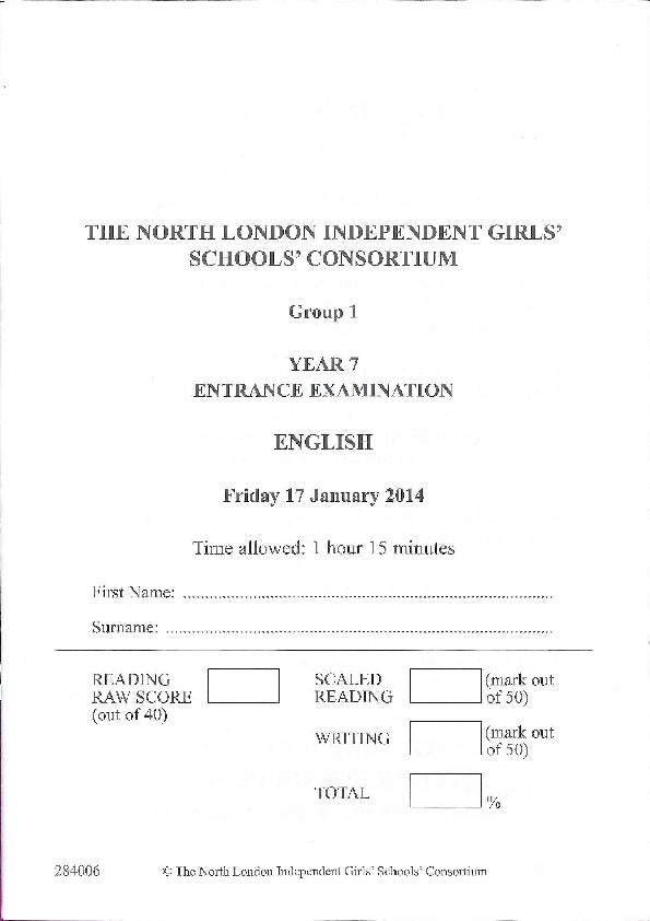 Channing School: 11+ English (2014) [Version: Group 1]
