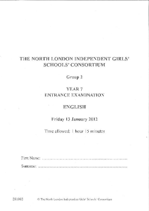 Northwood College for Girls: 11+ English (2012) [Version: Group 2]