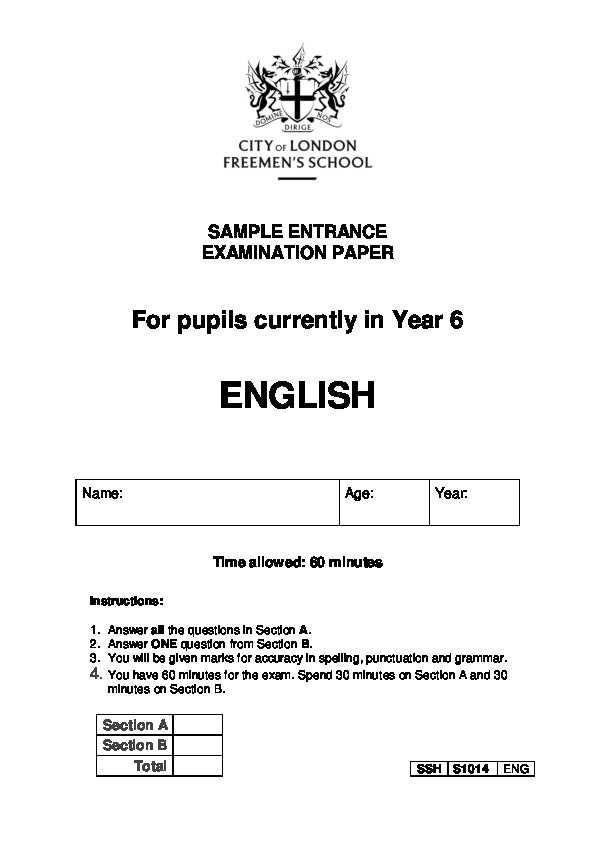 City of London Freemen's School: 11+ English  [Version: 2014]