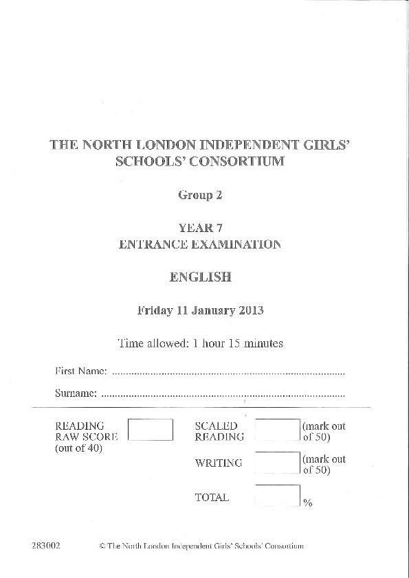 Northwood College for Girls: 11+ English (2013) [Version: Group 2]