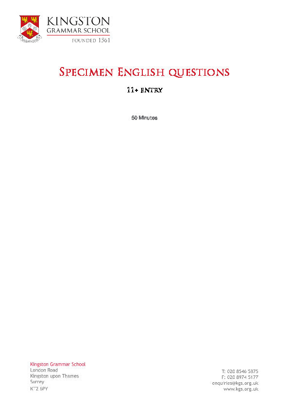 Kingston Grammar School: 11+ English  [Version: 1]