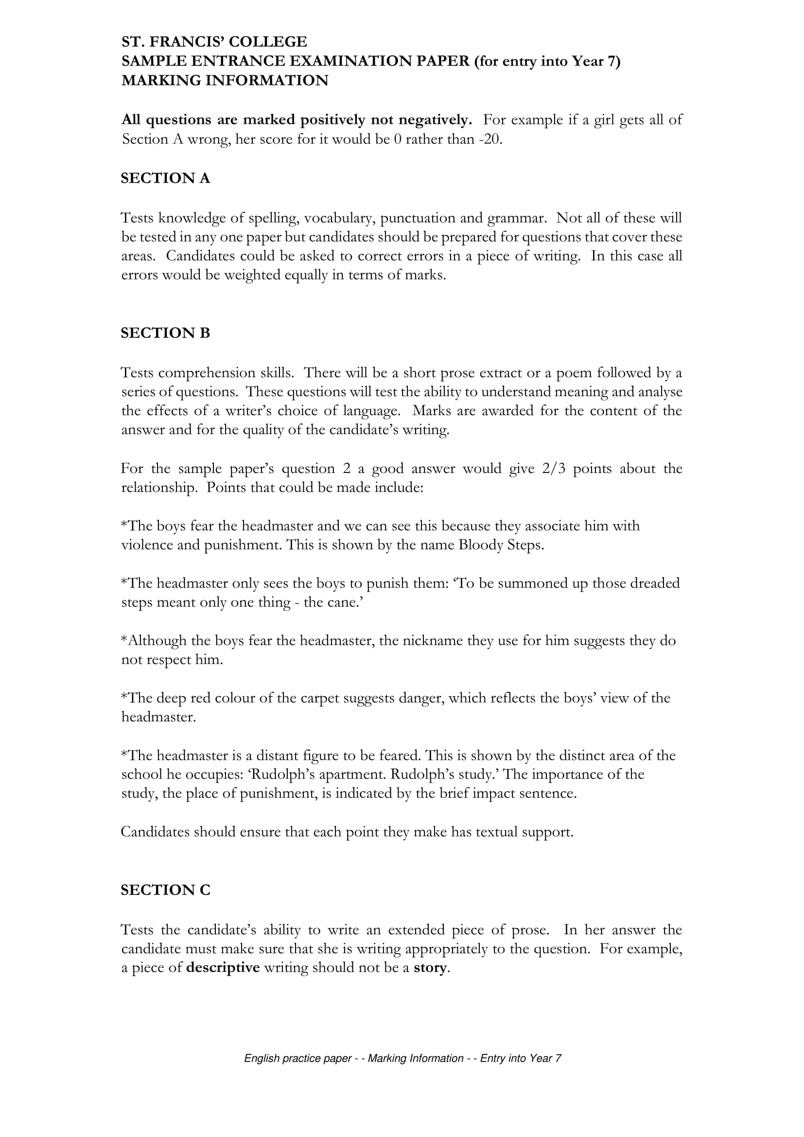 St. Francis' College: 11+ English [Marking notes]