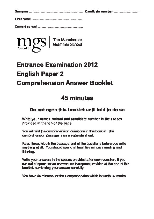The Manchester Grammar School: 11+ English (2012) [Version: 2]