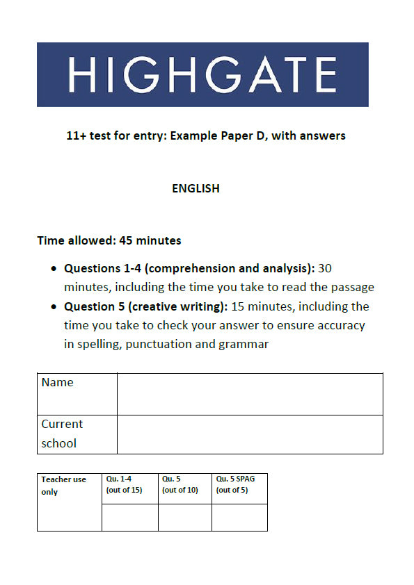 Highgate School: 11+ English Marking Scheme [Version: 5]