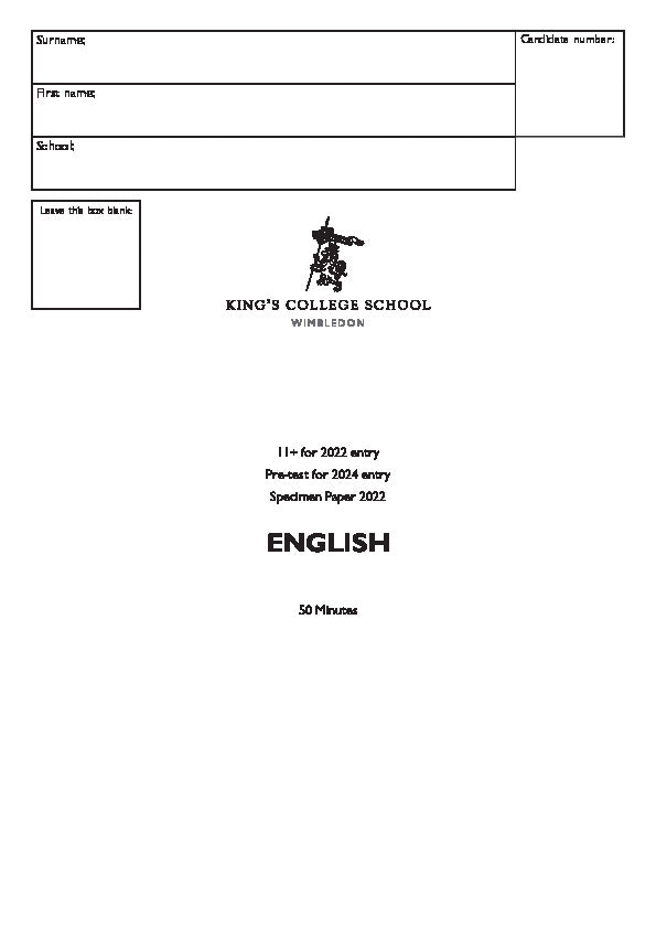 King's College School Wimbledon: 11+ English  [Version: 2022]