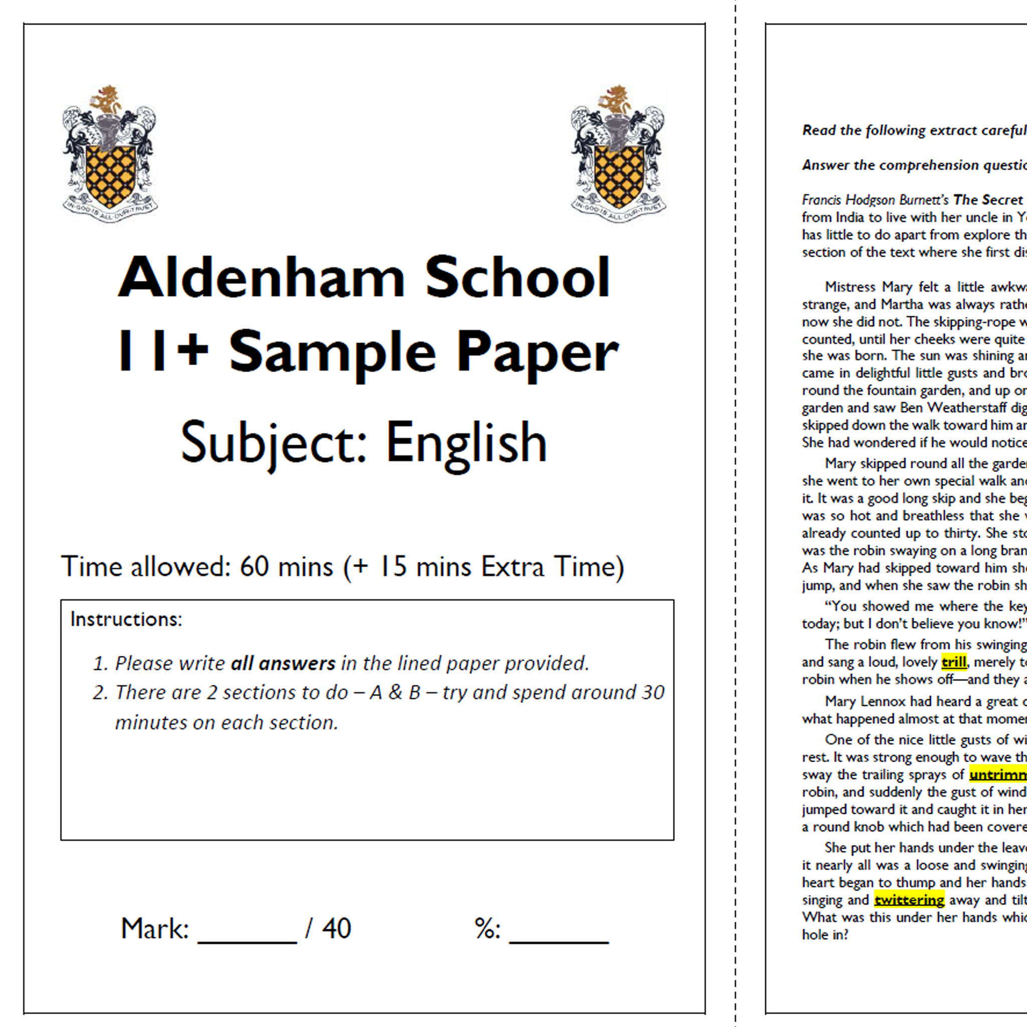 Aldenham School: 11+ English  [Version: 3]