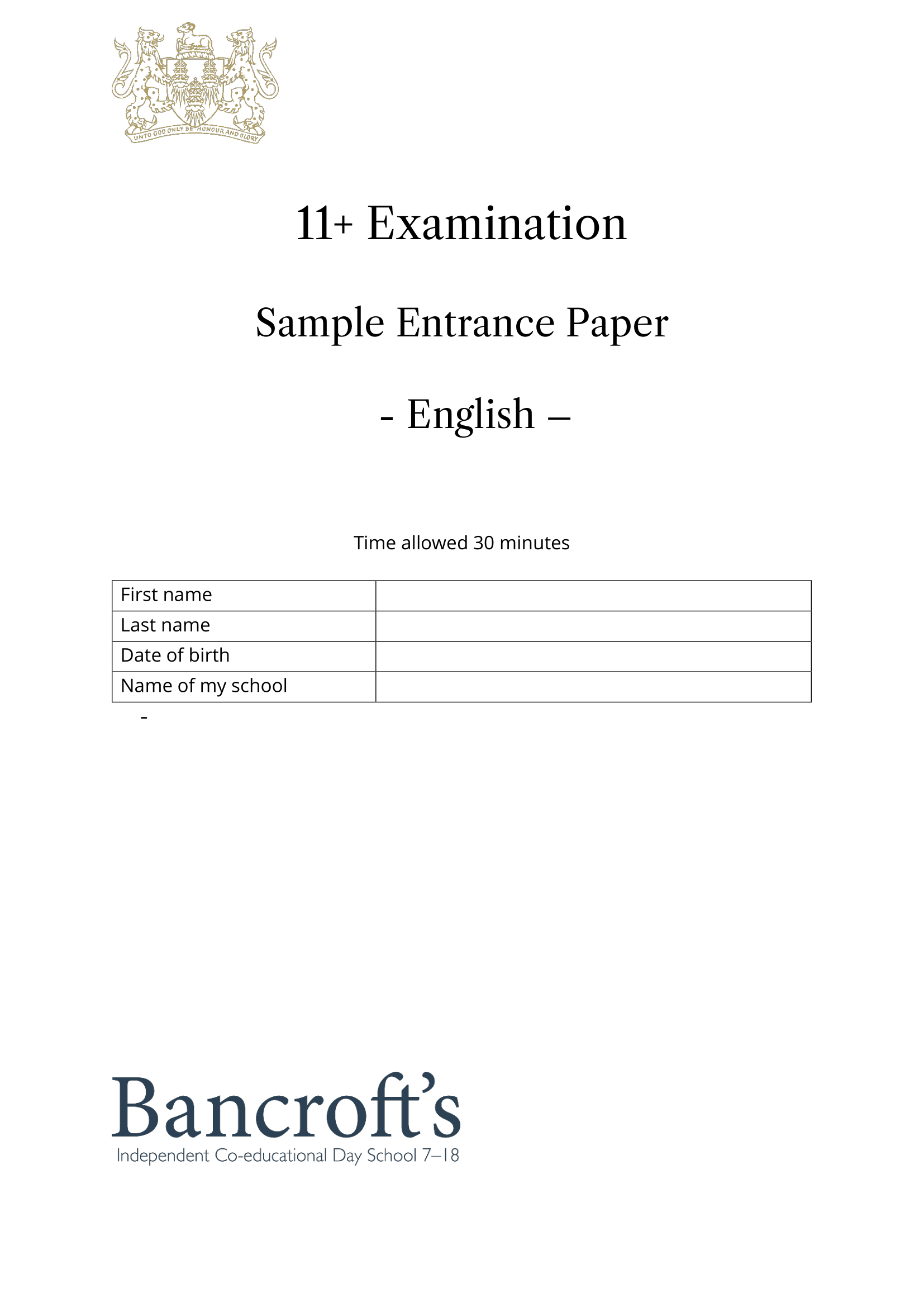 Bancroft's School: 11+ English  [Version: 5]