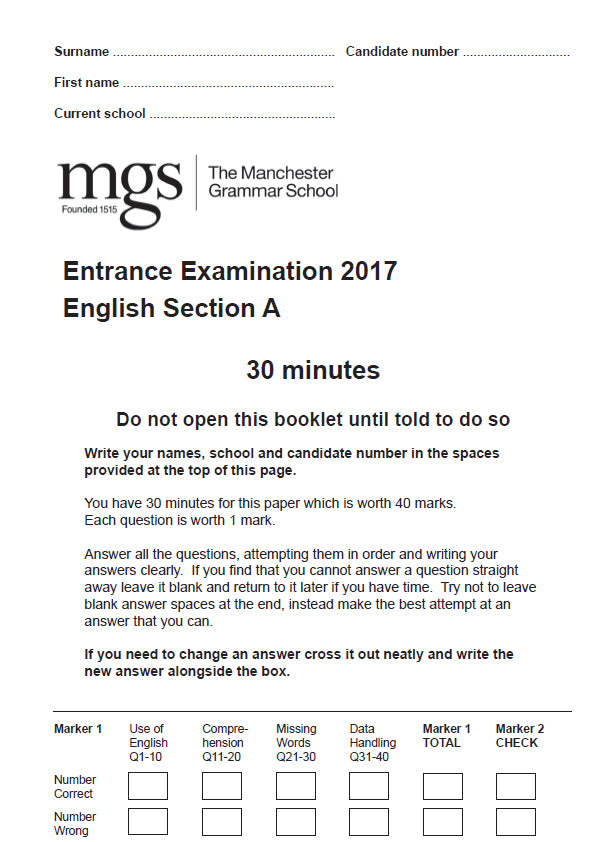 The Manchester Grammar School: 11+ English (2017)
